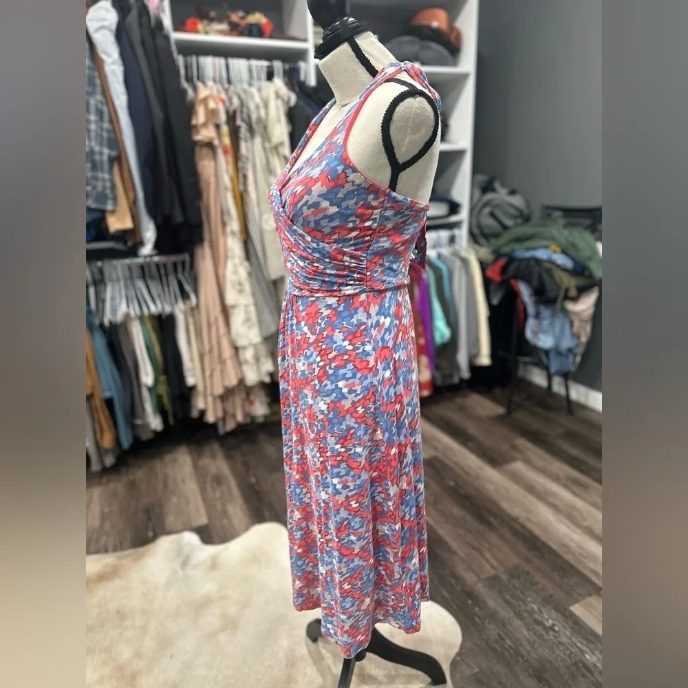 Boden St. Lucia Faux Wrap Tie Halter Dress 6 Long Art Deco Print Red Blue White